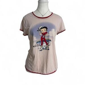 Betty Boop Diner Y2K 2004 Baby Pink With Red Trim Short Sleeve T Shirt